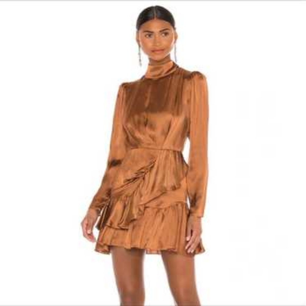 IRO Paris Osiam Ruffle Satin Mini Dress Copper Brown High Neck Long Sleeve